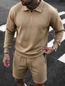 男士人字紋紋理半拉鍊 Polo 套裝，極簡休閒 2 件式日常街頭穿搭 - 卡其色 - 查看 3
