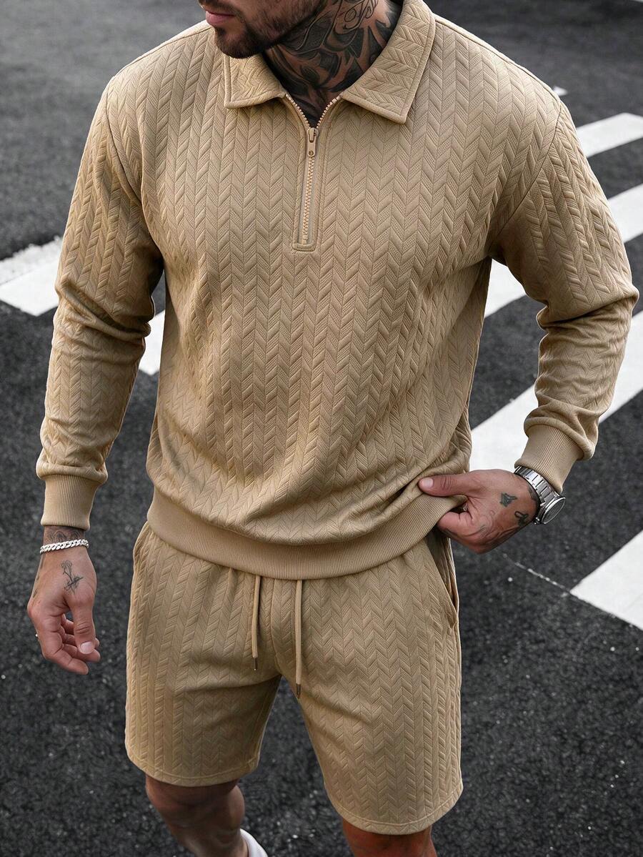 Men's Herringbone Textured Half-Zip Polo Set, Minimalist Casual 2 Pieces Outfit For Daily Streetwear - Khaki - View 1