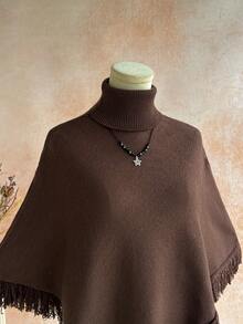 Women's Knitted Vintage High Neck Tassel Triangle Cape, Suitable For Autumn/Winter Daily Commute And Travel Versatile Style - Coffee Brown - View 9