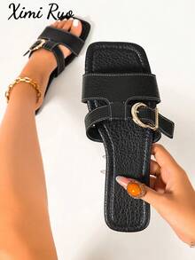 Ximi Ruo Spring/Summer New Women's Fashion Casual One-Strap Slide Sandals, Comfortable Flat Low-Heel Round Toe Minimalist Outdoor Beach Slippers, Versatile Decorative Flat Sandals For Women - Black - View 7