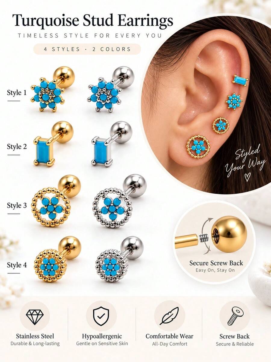 1 Pair 4 Styles 18K Gold Plated & Silver Tone Stainless Steel Turquoise ...