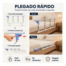 Barandilla de  Plegable para Cama de Adultos 93 x 40 cm, con Doble Refuerzo y Tubos de Acero, Protección Anticaídas y Asistencia para Levantarse, Instalación sin Taladros - Blanco | Liso - Ver 3