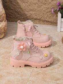 Sweet Floral Girls' Boots, Winter Thermal Lined Soft Sole Anti-Slip Princess Ankle Boots For Little Girls - Pink - View 5