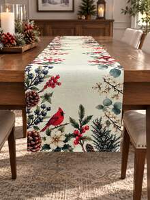 Christmas Cardinal Bird Holly Red Berry Pinecone Print Table Runner, Vintage Botanical Fabric Table Runner, Xmas Holiday Dining Table Decoration - Christmas Pine Cone Print - View 6