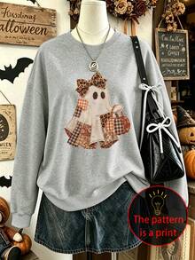 Plus-Size Halloween Hoodie For Women, Perfect For Everyday Wear, Holidays, And Parties. Features A Ghost Graphic Print Winter Casual Blouses For Women - Grey - View 4