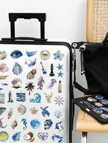 50 miếng nhãn dán đơn giản họa tiết đại dương xanh cho ván trượt, đàn guitar, laptop, sổ dán ảnh, vali, tủ lạnh, hộp lưu trữ, nhãn dán trang trí DIY graffiti - A - Xem 4