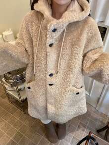 [Y6Y]Women's Lamb Fleece Mid-Length Hooded Button Coat, Winter Daily Warm Elegant Overcoat - Apricot - View 6
