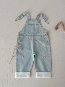 Baby Girls Infant Turn-Down Collar Petal Sleeve Top With Floral Embroidery Denim Overalls Lace Trim Spring Autumn Set - Baby Blue - View 10