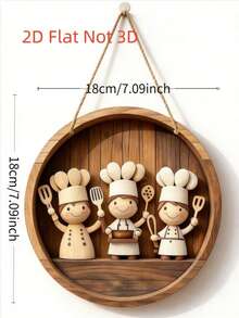 2D Flat Design Chef Logo Hanging Decor, Charming Round Wooden Wall And Porch Decorative Plaque, Art Deco Style, Multi-Purpose Indoor/Outdoor Hanging Ornament, Suitable For All Seasons, Rustic Porch Decoration, Gift For Friends - Khaki - View 2