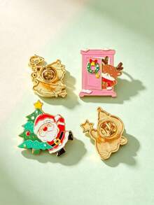 Christmas Enamel Brooch Pins Set, Cute Santa Claus And Reindeer Door Lapel Pin, Gold Tone Cartoon Xmas Badge For Jacket Backpack Holiday Gift - Multicolor - View 4