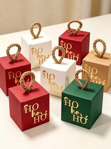 10Pcs Christmas Cube Gift Boxes With Rope Loop Handle, Red Green White And Kraft Paper Favor Boxes, Mini Holiday Gift Packaging For Cookies, Candy, Small Gifts, Christmas Tree Decorations, Party Favors, Easy To Assemble - Multicolor - View 1