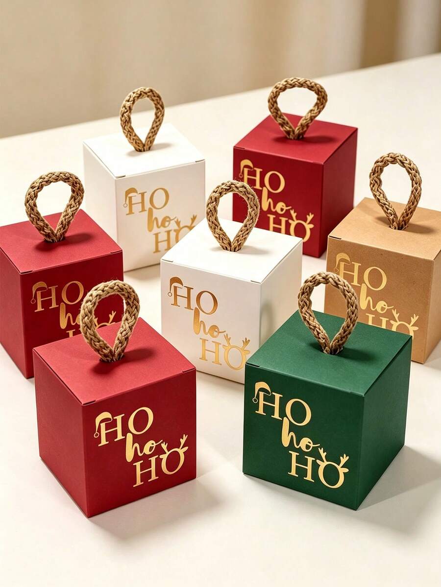 10Pcs Christmas Cube Gift Boxes With Rope Loop Handle, Red Green White And Kraft Paper Favor Boxes, Mini Holiday Gift Packaging For Cookies, Candy, Small Gifts, Christmas Tree Decorations, Party Favors, Easy To Assemble - Multicolor - View 1