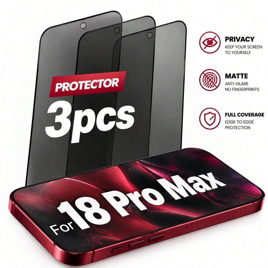 XINHONGYU 17 Pro Max/17 Pro/17 Air/17/16E/16 Pro Max/16 Pro/16 Plus/16/15 Pro Max/14 Pro Max/13 Mini/12/11/XS Max/XR/8+/7 Plus 系列隱私磨砂螢幕保護貼,防窺防指紋、觸感滑順、無黑點、易安裝、防摔防眩光,3片裝 - 黑色 - 查看 1