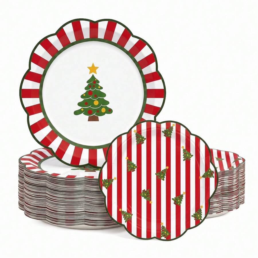 10/20/50pcs Christmas Tree Wavy Edge Disposable Paper Plates, 7 Inch And 9 Inch, Wavy Edge Red And White Striped Christmas Dinner Plates, Christmas Eve Family Dinner, Holiday Office Party, Winter Solstice Dinner Tableware - Multicolor - View 1