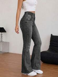 Women's Single-Breasted Slim Fit Stretchy Flare Leg Jeans - Dark Grey - View 4