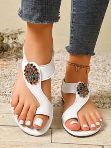 1 Pair Solid Color Elegant Fashion Casual Basic PU Leather Slip-On Flat Sandals For Outdoor And Indoor Summer - White - View 5