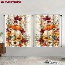 2pcs Three-Color Pumpkin & Floral Pattern Semi-Sheer Bedroom Curtains, 90GSM Polyester Semi-Transparent Privacy Protection, Mori Style Living Room Curtains, Kitchen Curtains, Suitable For Home, Room, Kitchen Partition Or Decoration, Rod Pocket Design Easy Installation, Quick Dry Water-Resistant Non-Fading, Lightweight Removable Washable Curtains - Multicolor - View 14