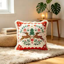 1PC Christmas Print Pillow Cover With Tassel Border, Double-Sided Decorative Pillowcase, Reindeer Flower Christmas Tree Pattern, Home Decoration, Sofa, Bed, Bedroom(Excluding Pillow Core)-Size Excludes 3cm Tassels - Multicolor - View 9