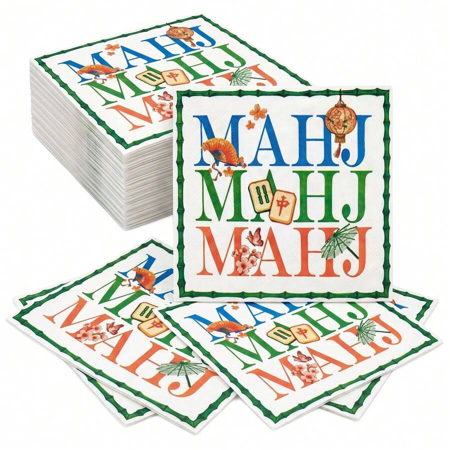 20/40/60pcs Mahjong Themed Napkins, Green Bamboo Border, Hand-Drawn Mahjong Tile Cocktail Napkins, 2-Ply Decorative Fun Napkins Printed With "Mahjong Is My Therapy", Suitable For Mahjong Parties, Birthday Parties, Girls Afternoon Tea And Board Game Scenes - MAHJ Print - View 1