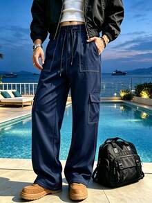 Men's Summer Thin Contrast Stitching Cargo Pants, High Drape Loose Fit, Elastic Drawstring Waist, High Street Style Long Pants Sports - Royal Blue - View 3