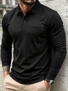 1pc Men's Spring/Autumn Long Sleeve Polo Shirt, Slim Fit Collared Top, Suitable For Sports, Outdoor, Business And Daily Commute - Black - View 1