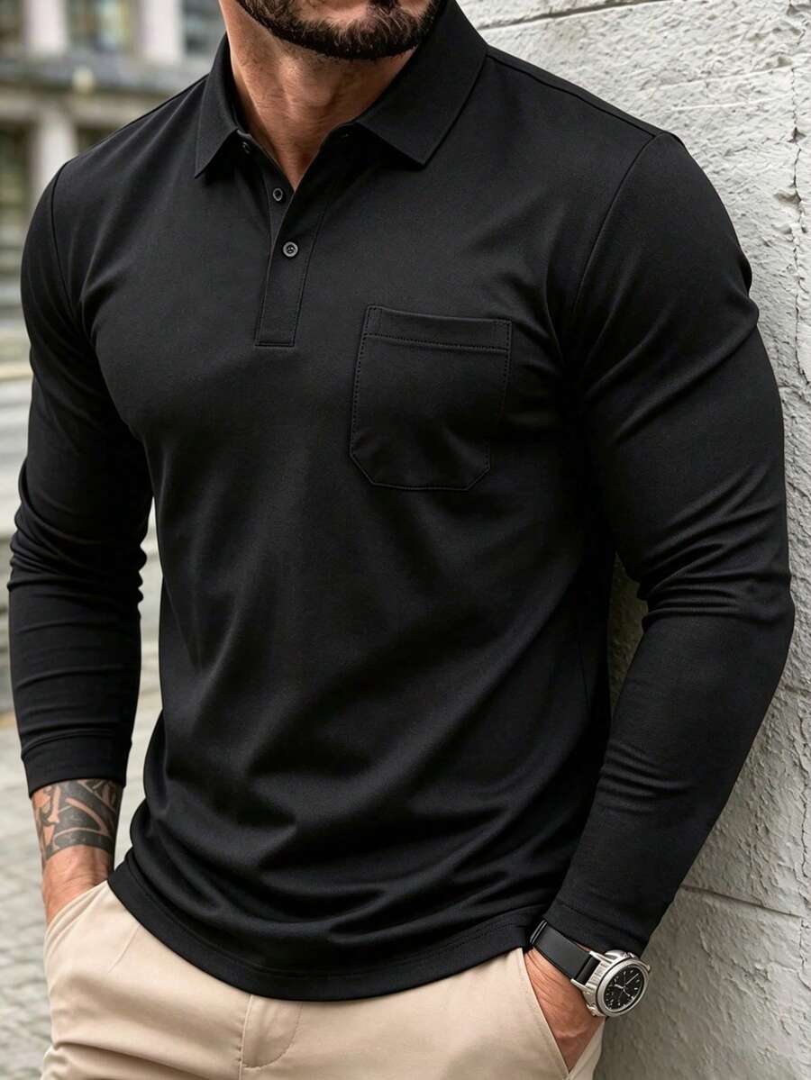 1pc Men's Spring/Autumn Long Sleeve Polo Shirt, Slim Fit Collared Top, Suitable For Sports, Outdoor, Business And Daily Commute - Black - View 1