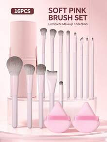 16 Pcs Professional Makeup Brush Set, Foundation Brush, Blush Brush, Eyeshadow Brush, Eyebrow Brush, Contour Brush, Powder Brush, Complete Makeup Tools Kit, Travel Essential - Baby Pink - View 9