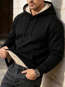 Men's Winter Solid Color Minimalist Casual Thermal Lined Warm Black Hooded Pullover Sweatshirt - Black - View 1