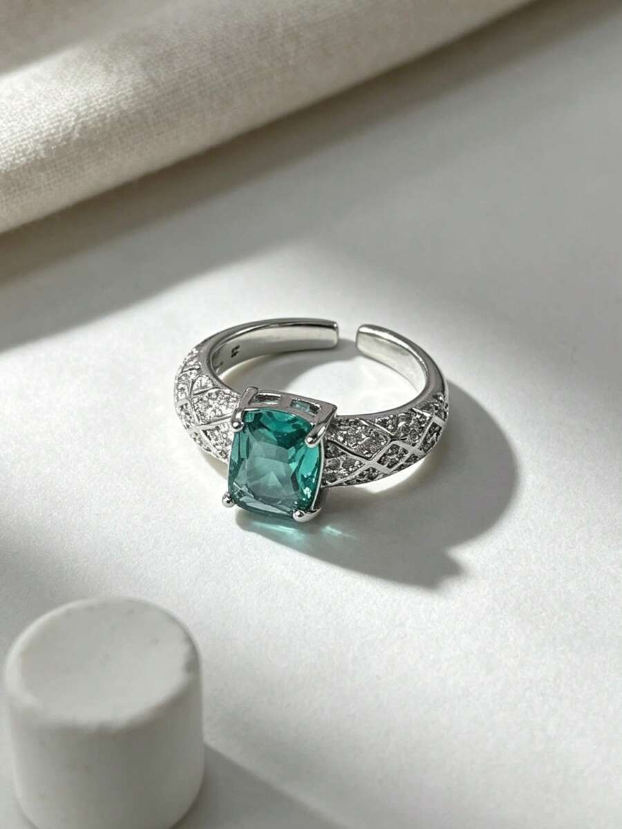 1pc Luxury Retro Style Ombre Green Center & Shiny Decor Waist Belt - Diamond Galaxy Sugar Cube Ring - View 1