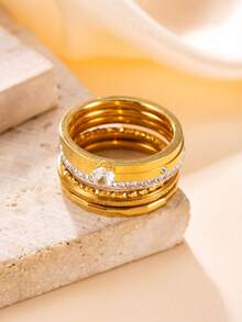 6pcs Fashionable Luxury Geometric Rhinestone & Starry Stainless Steel Rings, Suitable For Women's Daily Wear Or Party - Gold - View 2