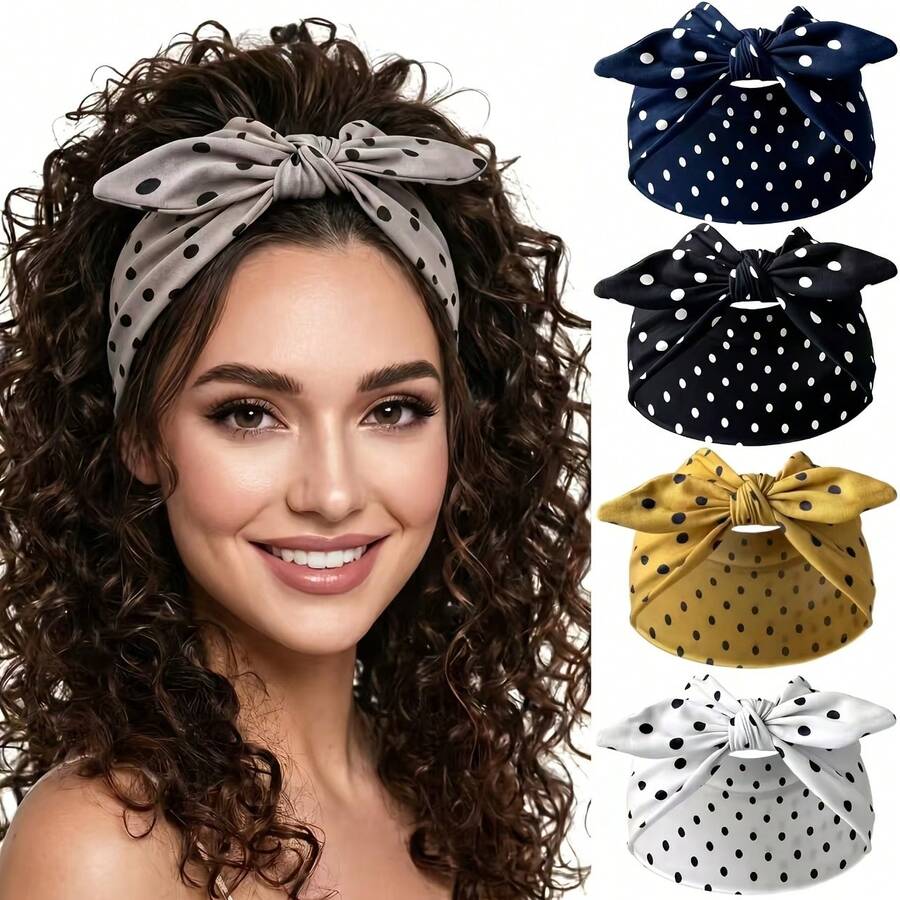 1-Piece New Polka-Dot Wide Headband – Retro Elastic Bow Headwrap / Rabbit Ear Hairband - Multicolor - View 1
