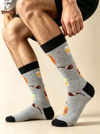 1 paire de chaussettes mi-mollet réversibles en jacquard avec motif amusant de pipe et de bière pour hommes, chaussettes décontractées