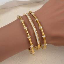 3pcs Elegant Exquisite 18K Gold Plated Stainless Steel Bamboo Knot Zirconia Tennis Bracelet Set, For Women Daily & Party Wear - Gold 2 - View 2