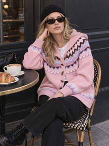 JIANHU Women's Pink Hooded Fair Isle Pattern Button-Up Cardigan, Suitable For New Year, Outdoor, Travel And Daily Wear - Pink - View 2