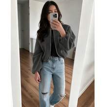 Women Solid Color Zip-Up Short Jacket With Pockets, Casual Long Sleeve Soft Bomber Jacket, Versatile Minimalist Design For Autumn/Winter Spring - Dark Grey - View 3