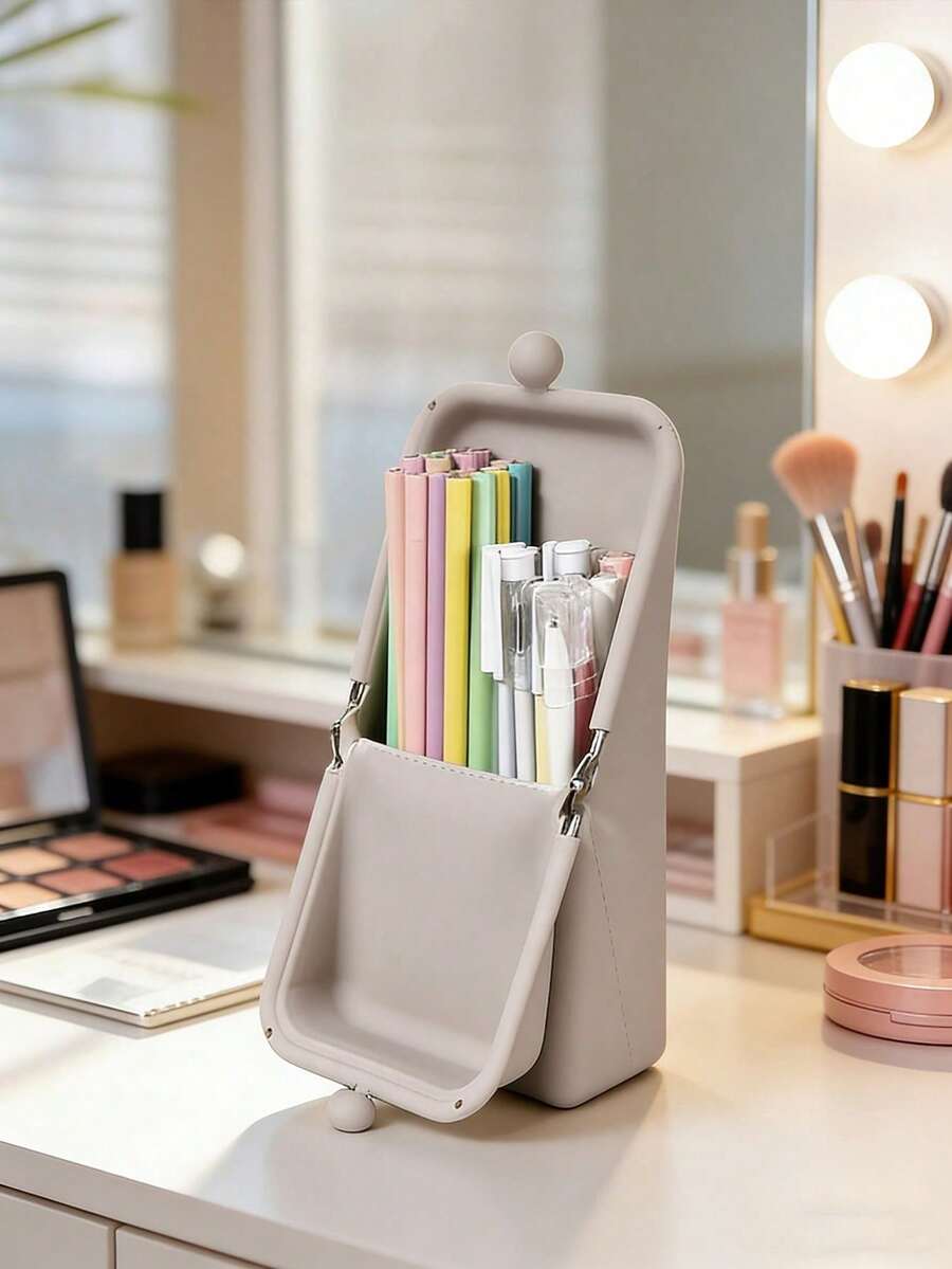 Silicone Vertical Makeup Brush Storage Bag, Large Capacity, Dirt-Resistant, Desktop Stationery Organizer, Multi-Functional Makeup Brush Holder, Foldable & Expandable, Vertical Pen Case, Portable, High-Quality, Minimalist Storage Box - Multicolor - View 1