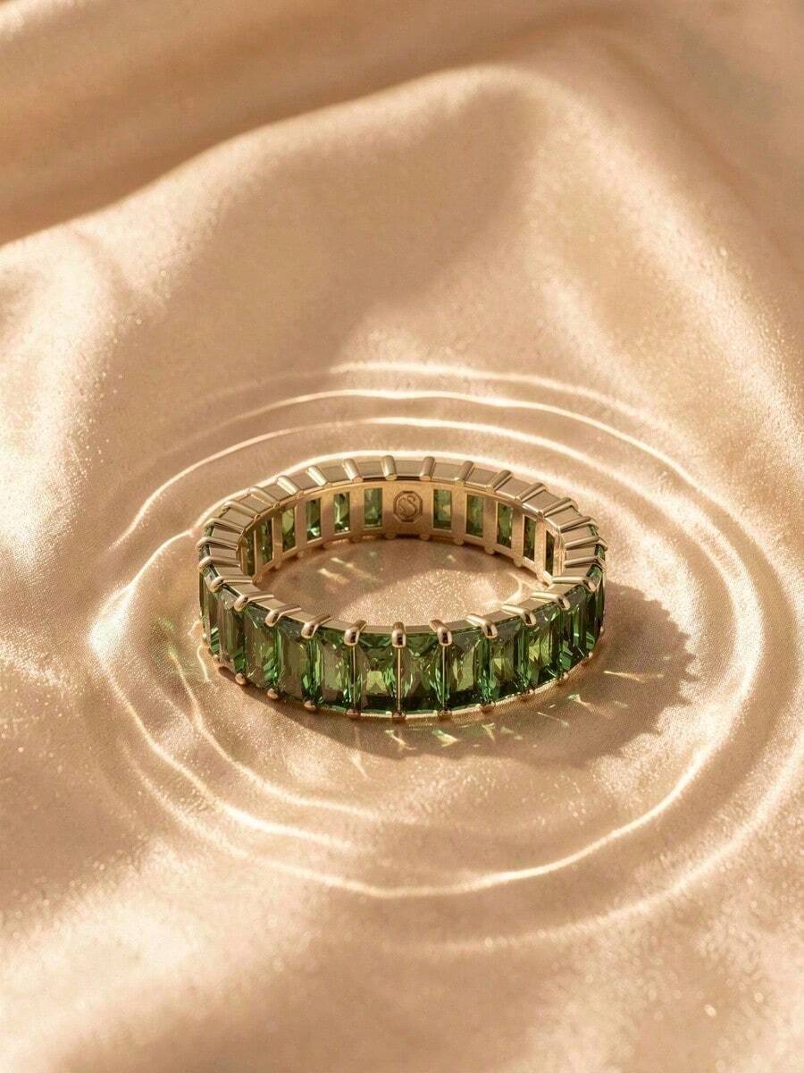 SWAROVSKI 5648909 Matrix Green Rectangular Crystal Full Eternity Ring, Stackable Women's Jewelry, Birthday Gift For Girlfriend - Gold + Green - View 1