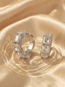 SWAROVSKI Square Cut Crystal Hoop Earrings Fully Pave With Tapered Square Crystals Birthday Gift For Girlfriend - Silver - View 1