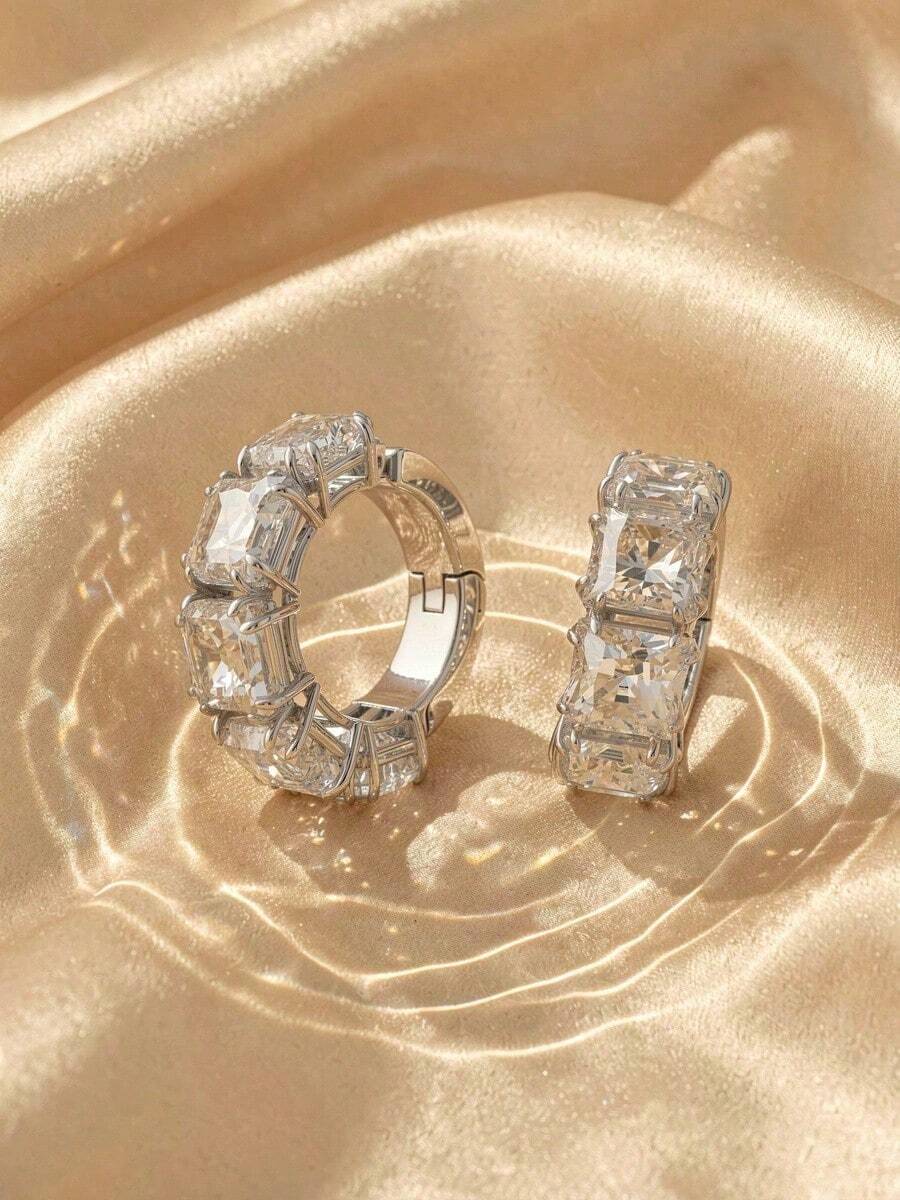 SWAROVSKI Square Cut Crystal Hoop Earrings Fully Pave With Tapered Square Crystals Birthday Gift For Girlfriend - Silver - View 1