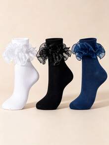 1/3 Pairs Women's Socks With Double-Layer Lace Ruffle Trim, Cute White And Black Large Ruffle Ankle Socks, Fashionable Retro 50s 80s Church Party Bobby Boat Socks For Women And Girls - Multicolor - View 6