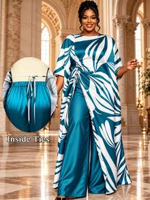 Plus Size 2 Pieces Pants Set Kaftan Top With Drawstring Wide Leg Pants African Print Outfit Elegant Church Wedding Guest Formal Wear New Fashion - Mint Blue - View 3