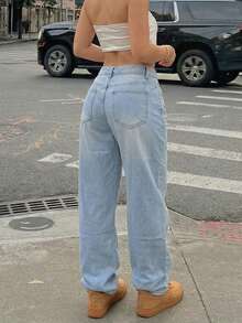 Women's Retro Loose Stacked Straight Denim Pants Casual Spring Fall - Light Wash - View 2