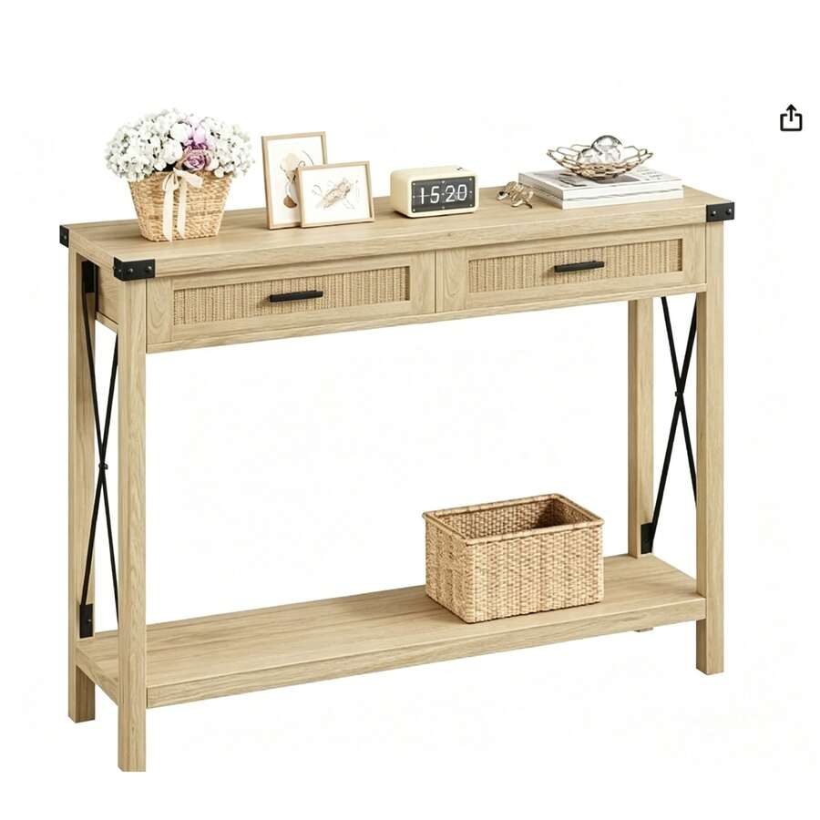 Mesa Consola Para Entrada,Mesa Consola Bohemia De 43 Pulgadas Con Cajones De Ratán,Mesa De Entrada o Sofá De Madera Con Almacenamiento, Diseño Decorativo Para Sala, Pasillo o Recibidor, Estilo Rústico - Madera - Ver 1