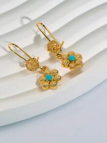 2PCS Vintage Middle Eastern Style Rust Proof 21K Gold Alternative Turquoise Stone Petal Dangle Drop Earrings For Women Ramadan & Special Occasions - Turquoise - View 4