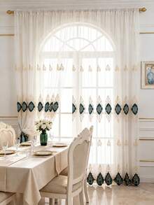 1pc European Style Luxury Embroidered Sheer Curtain, Suitable For Living Room, Bedroom, Bay Window, Balcony, Study Room - Green - View 1