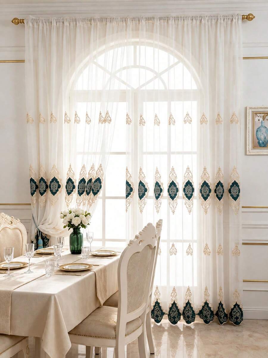 1pc European Style Luxury Embroidered Sheer Curtain, Suitable For Living Room, Bedroom, Bay Window, Balcony, Study Room - Green - View 1