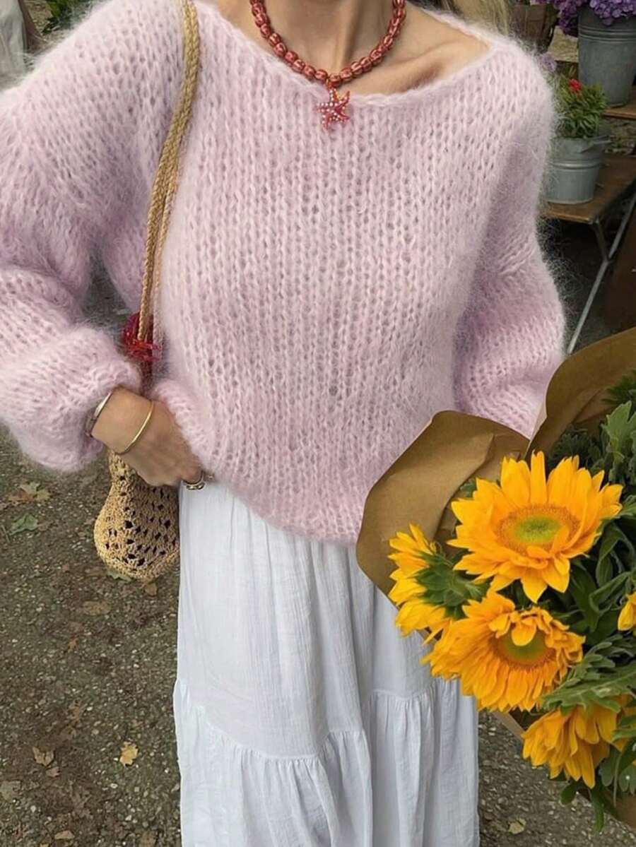 GLAMMY Early Autumn Korean Pure Desire Style Slightly Sheer Knit Top, Lazy Hollow Mesh Boat Neck Off-Shoulder Loose Lantern Sleeve Cover-Up Sweater, Gentle Vacation Vibe Date Outfit, Solid Color Ribbed Hollow Design For Inner Camisole Layering, Home And Daily Wear - Pink - View 1