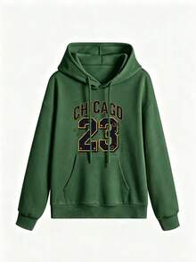 Sudadera con capucha Hombre Oversize hombros caídos estampado texto Los Angeles manuscrito número 23 grande bolsillo canguro estilo deportivo retro casual juvenil diario - Verde Oscuro - Ver 3