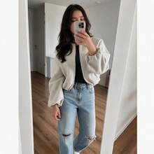 Simple Versatile Daily Solid Color Zip-Up Short Jacket With Pockets, Soft Zip-Up Long Sleeve Jacket, Women Casual Full Set Long Sleeve Outerwear, Autumn/Winter Spring, Clean Girl Aesthetic - Beige - View 3