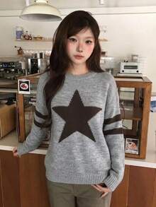 Sweater Wanita Kasual Longgar Motif Bintang dan Blok Warna untuk Pemakaian Sehari-hari dan di Rumah, Musim Gugur/Dingin - Grey - View 2
